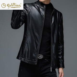 Goldlion official website flagship 2024 winter men's leather jacket middle-aged loose solid color stand-up collar leather jacket thickened warm casual b98-21770 black xxs m