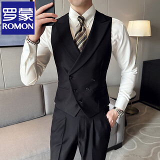 罗蒙（ROMON）轻熟风简约商务西服马甲套装男设计感双排扣马甲帅气伴郎新郎西装 黑色(单马甲) 3XL(56)