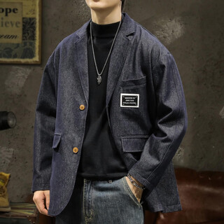 Trendy denim blazer men's spring and autumn trendy brand loose daily commuting men's tops jacket formal wear blue l suitable for 125-145jin jin equals 0.5 kg