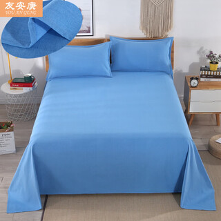 You'angeng solid color old coarse cloth bed pure cotton thickened encrypted cotton dormitory cotton linen linen naked sleeping sheet four seasons pure blue bed sheet 2.5*2.5 meters + 2 pillowcases