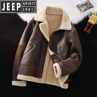 Jeep spirit fur one-piece lambswool jacket men's autumn and winter new velvet thickened leather jacket autumn and winter men's lambswool jacket dark brown m