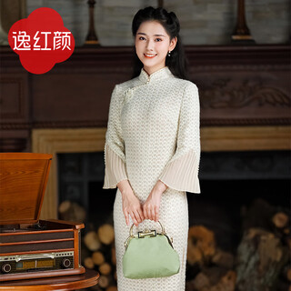 E.beauty chuntingyue 2025 autumn new arrival organ sleeve beaded stretch velvet lace cheongsam light dress off-white l