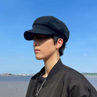 Ningzilai hat men's trendy beret spring and winter large head circumference octagonal hat men's literary british newsboy cap peaked hat men black-(four seasons) fabric b105 octagonal hat one size adjustable (55-59cm)