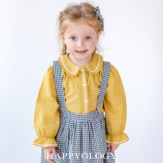 Happyology british children's shirts, girls' autumn tops, pure cotton long-sleeved earring lapel shirt, mustard yellow 86 (86cm)
