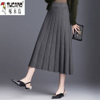 Woodpecker (tucano) wool knitted skirt women's thickened mid-length 2025 autumn and winter new wool one-step skirt pleated hip skirt dark gray m size recommended 96-115 jin jin equals 0.5 kg