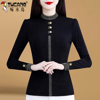 Woodpecker 2025 new model stand-up collar bottoming shirt long-sleeved women's warm temperament inner with velvet thickened western style top fashionable and versatile black boutique ready stock plus velvet 4xl 140-155jin jin is equal to 0.5 kg
