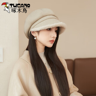 Woodpecker beret for women in autumn and winter, big head circumference, small velvet to keep warm, japanese style duck cap, plain plush bucket hat, beige, one size fits all (hat circumference 54-60cm)