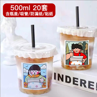Quanshi disposable pet drink cups with lid 500ml*20 sets plastic cup dudu cups with straws and leak-proof paper stickers