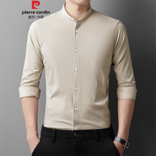 皮尔卡丹竹纤维立领长袖衬衫男士中青年春秋季新款商务休闲男装中山装衬衣 卡其 50-L-110
