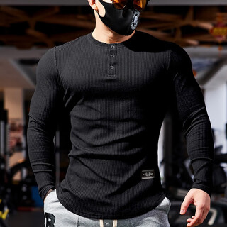 Lutielang fitness clothes men's long-sleeved sports t-shirt tights quick-drying elastic breathable training bottoming shirt autumn and winter black m