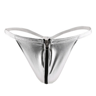 Hot and provocative leather thong couple zipper underwear sexy no-take-off zipper open panties passion suit for women and men in silver