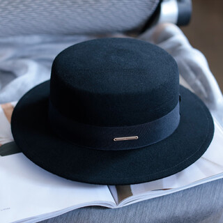 Tochino autumn and winter fashion new woolen hat for women white french large head felt hat high-end elegant flat hat pure black regular size m (55-57.5cm)