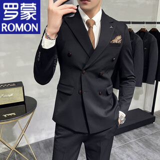 Romon anti-wrinkle and iron-free casual double-breasted suit for groom, men's slim-fit double-slit small suit, lapel collar formal suit, double-breasted black one-piece suit s