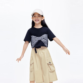 Little mo&co. moisture-absorbent quick-drying clothes, children's clothing, girls' sweet short bow short-sleeved t-shirts, children's tops, black 110 110/56