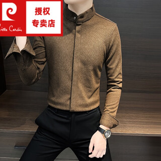 Pierre cardin (pierre cardin) stand collar woolen shirt men's long-sleeved autumn and winter new chinese style concealed button men's top thickened warm tunic shirt brown 2xl recommended 150jin jin is equal to within 0.5 kg