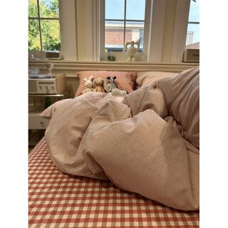 Ruiqin ins simple japanese style gray plaid bed four-piece set pure cotton 1.5m1.8m student apartment quilt set yag-mixed thin strip red bed style set x 1.5m bed four-piece set/applicable