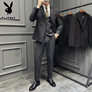 Playboy 2025 new men's three-piece wedding dress casual formal fit british suit black l (suitable for 111-125 jin jin equals 0.5 kg)