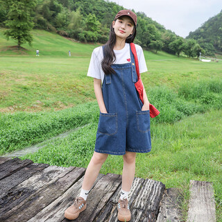 Ziloni junior high school student denim overalls for big girls summer new high school students small age-reducing five-point pants thin section does not include t-shirt denim blue- overalls s