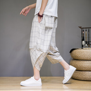 Mr. guan chinese style cotton and linen casual pants men's loose large size fat cropped pants summer linen harem pants lightweight flying squirrel pants k816 beige xl