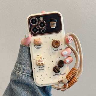 Beiji creative coffee bear suitable for apple 15 mobile phone case summer new flip stand with mirror iphone17promax female 13 silicone 11 with lanyard 12 all-inclusive anti-fall flip stand three-dimensional coffee bear donut + bracelet iphone 17 pro max
