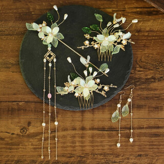 Kerla hanfu headdress super fairy girl tassel hairpin complete set of ancient style accessories step rocker hairpin comb green suit (ear clip lily of the valley suit (ear clip style)