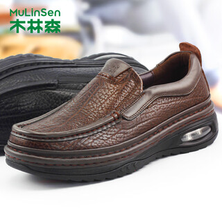 Mulinsen high-end business casual men's toe-layer cowhide loose slip-on thick-soled leather shoes for men new shock-absorbing and anti-slip model brown 39 (250mm) larger plate type