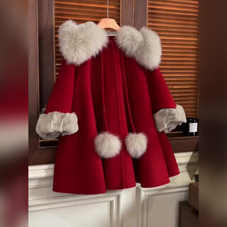Little gudu bear girls' jacket plus velvet thickened winter 2024 new big children's girls winter new year's clothes children's winter woolen coat red 140cm
