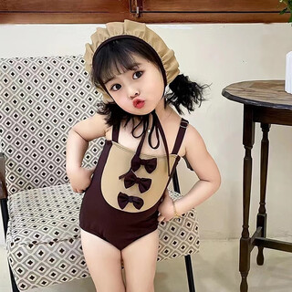Yingbeier children's hooded swimsuit girl's one-piece british style swimsuit fashionable baby girl cute little princess swimsuit girl coffee (one-piece swimsuit + swimming cap) 2 yards/80-90cm