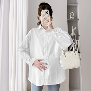 2024 maternity wear autumn long-sleeved shirt large size loose casual belly cover shirt cotton top for work during pregnancy white l