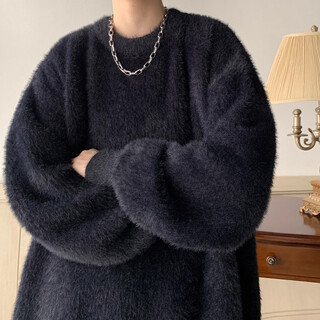 Kiexi sweater men's thickened autumn and winter jacket high-end handsome thickened round neck sweater lazy style american loose black l recommended 115-130 jin jin equals 0.5 kg