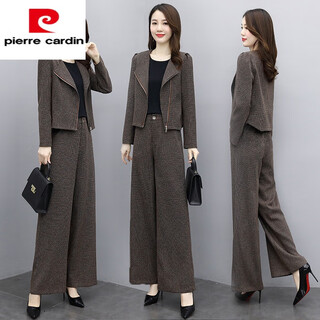 Pierre cardin casual fashion suit women's 2025 spring and autumn new temperament professional western style age-reducing short jacket wide-leg pants two light brown m