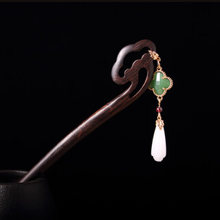 Meng junchen antique four-leaf clover hairpin retro ebony aventurine jade hairpin bun hair ornament 18 cm ebony white jade hairpin gift box