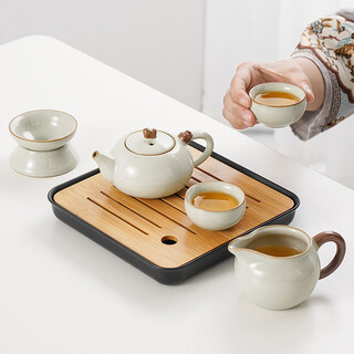 Qixuanyuan small set of ru kiln tea set high-end simple home hotel balcony small ceramic drinking teapot kung fu tea cup huang ru kiln auspicious pot two cups tea leakage 5 pieces + tea tray