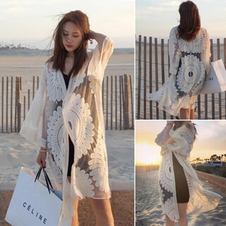 Dk seaside sun protection clothing beach cardigan swimsuit shawl blouse hot spring mesh jacket blouse outer wear white