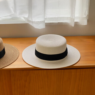 Nanbomaru french flat-top straw hat for women, summer sun protection, seaside vacation beach hat, new flat-brimmed straw woven hat, white, adjustable (5560cm)