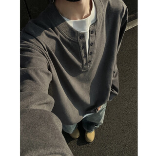 Nying fake two-piece henry collar german velvet sweatshirt men's autumn and winter cleanfit heavyweight inner layer v-neck long-sleeved t-shirt eq519 dark gray xl (120-140jin jin equals 0.5 kg)