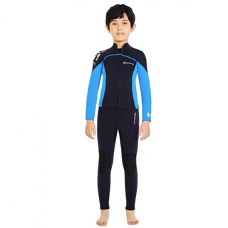 Sun aegis children's wetsuit 3mm warm one-piece wetsuit for men and women split long-sleeved trousers surfing and swimming training cold-proof clothing light blue split front zipper same style for men and women (size 12#