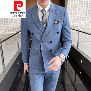 Pierre cardin men's suit business korean style slim wedding dress double-breasted jacket solid color suit three-piece men's fashion g8015 light blue suit pants tie m (95-118jin jin equals 0.5 kg)