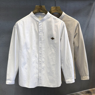 Guangan aepe pure cotton comfortable high-end light mature henry collar striped long-sleeved shirt men's spring and autumn american retro casual shirt white light business temperament pure cotton loose version l 125-140jin jin equals 0.5 kg