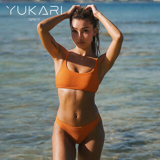 Yukari swim high elasticity split swimsuit women's suspender high fork resort hot spring bikini swimsuit summer sunset orange (triangle) m