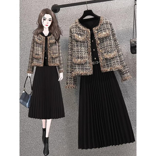 Yan lifen dress women's fashion suit women's 2025 autumn new xiaoxiangfeng woolen jacket pleated skirt autumn black dress l (recommended 100-120 jin jin equals 0.5 kg)