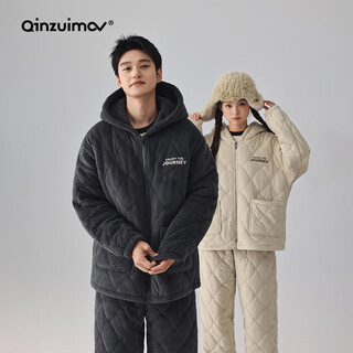 Kissing cat hooded island velvet couple's quilted pajamas women's winter three-layer thickened men's suit home clothing outerwear 7026 crown blue men's xl