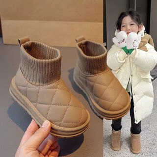 Muni children's velvet snow boots, stylish socks, short boots, bread shoes, 2026 winter new style, warm large cotton shoes for boys and girls, velvet thickened socks boots, khaki color, size 32, inner length 20cm
