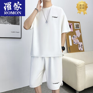ROMON 2025 Summer Casual Sports Set Men's Thin Loose Breathable Short Sleeve Shorts Two-Piece Set Handsome Men's Clothing TZ683DT White Short Sleeve + Shorts M