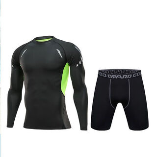 热耀泳衣男款防尴尬五分短裤游泳裤装备全身温泉泳衣男士套装夏季 丝绿长袖+五分裤【配泳帽】 S 【建议80-100斤】