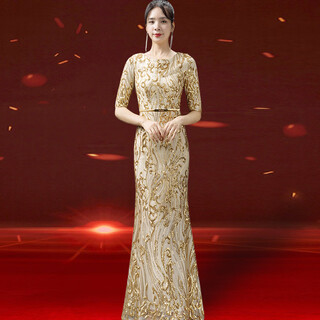 2025 new autumn style grandma-in-law wedding banquet dress high-end noble young foreign temperament high-end wedding mother evening dress gold m