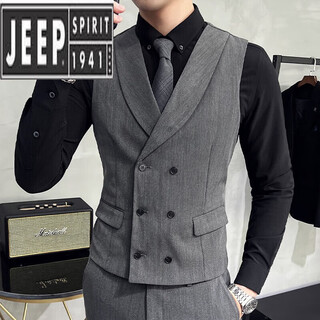 Jeep spirit herringbone suit vest suit men's casual business formal elastic vest british handsome work clothes gray single vest + bow tie m 48
