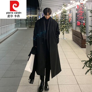 Pierre cardin winter new double-sided velvet coat men's long knee-length korean style loose and handsome woolen coat men's windbreaker knitted black m
