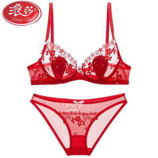 Langsha brand original design sexy ultra-thin lace bra push-up fashion underwear women's translucent anti-high-end bra red briefs set 75b 34b