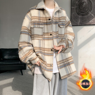 Xuansentu (xuansentu) striped woolen jacket men's spring and autumn style small fragrance style handsome trendy brand loose workwear plaid jacket autumn ct22 khaki cotton thickened xl (180) (145jin jin equals 0.5kg to 165jin jin equals 0.5kg can be worn)